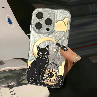 Black Cat Moon Star Birdcage Aesthetic Reflective Case For iPhone