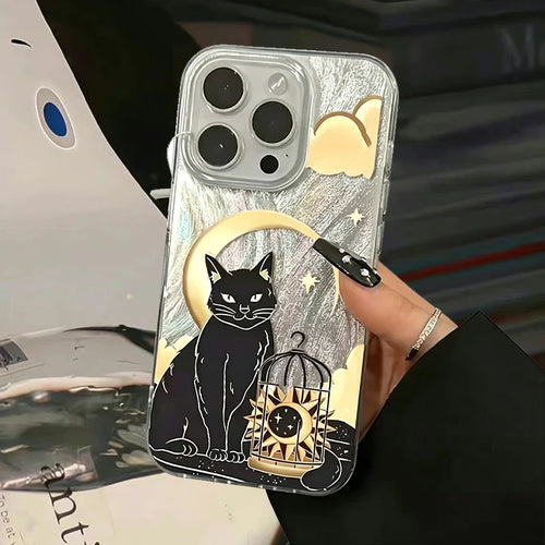 Black Cat Moon Star Birdcage Aesthetic Reflective Case For iPhone