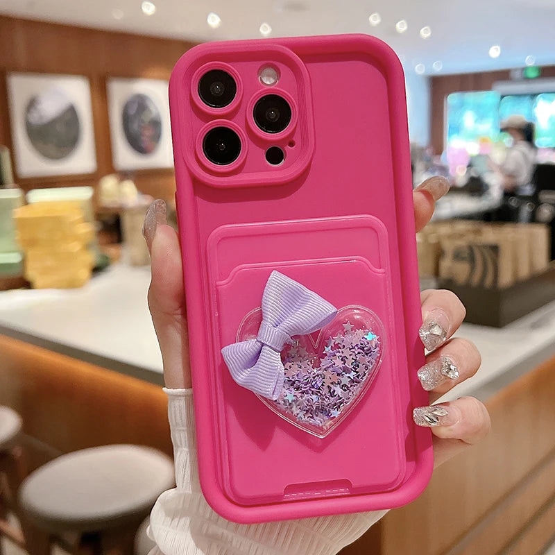 Lovely 3D Love Heart Card Bag Holder Phone Case For iPhone