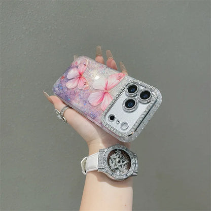 Luxury Diamond Sequins Pink Butterfly Phone Case For iPhone