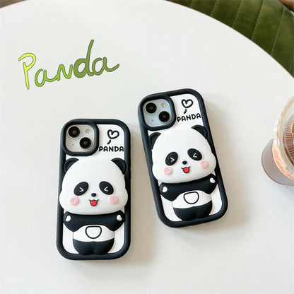 ins Cute Cartoon Panda Flip Mirror Bracket Soft Silicone Phone Case For iPhone