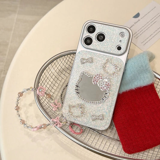 3D Cute Cartoon Sanrio KT Bling Glitter Makeup Mirror Phone Case For iPhone