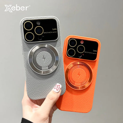 Large Window Litchi Texture For Magsafe Magnetic Case For iPhone