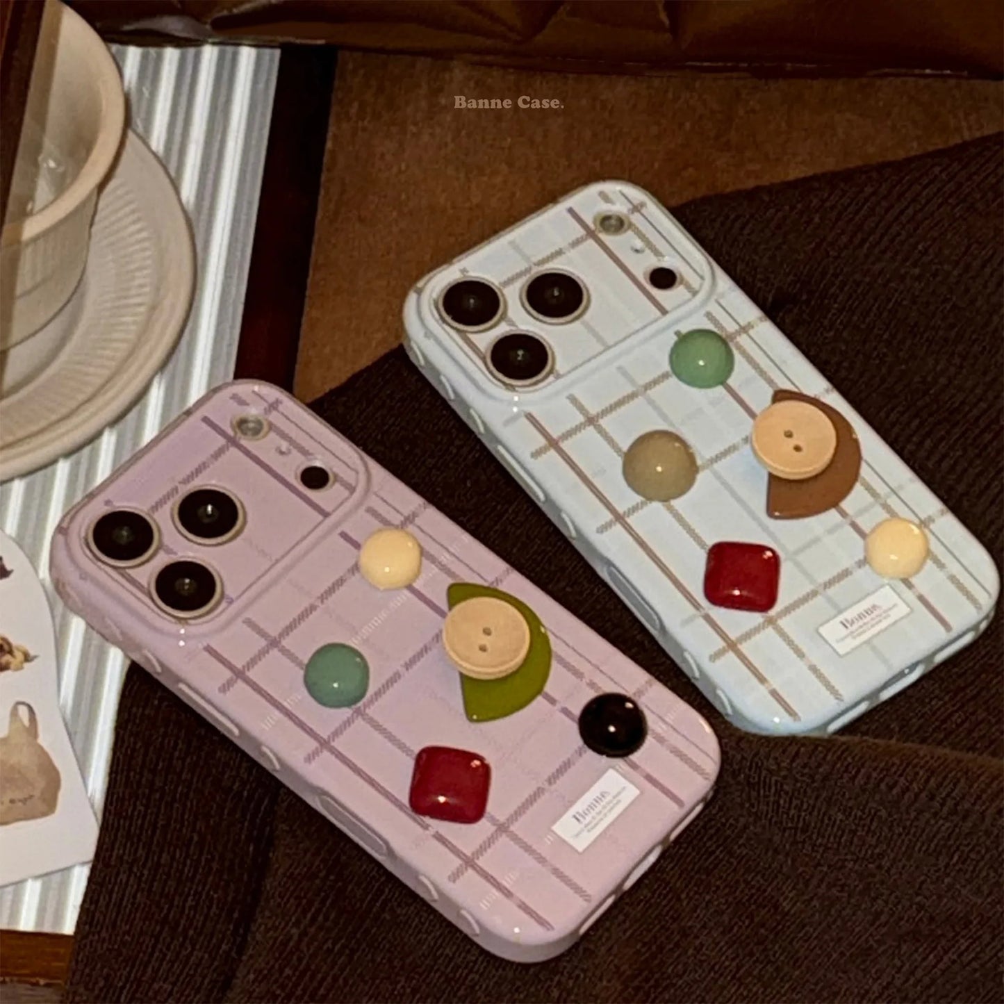 Korean Grid Pattern 3D Geometry Gemstone Button Decoration Phone Case For iPhone
