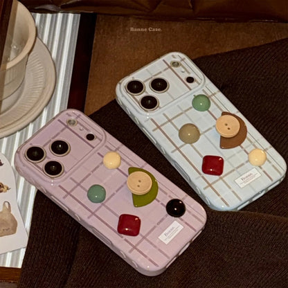 Korean Grid Pattern 3D Geometry Gemstone Button Decoration Phone Case For iPhone