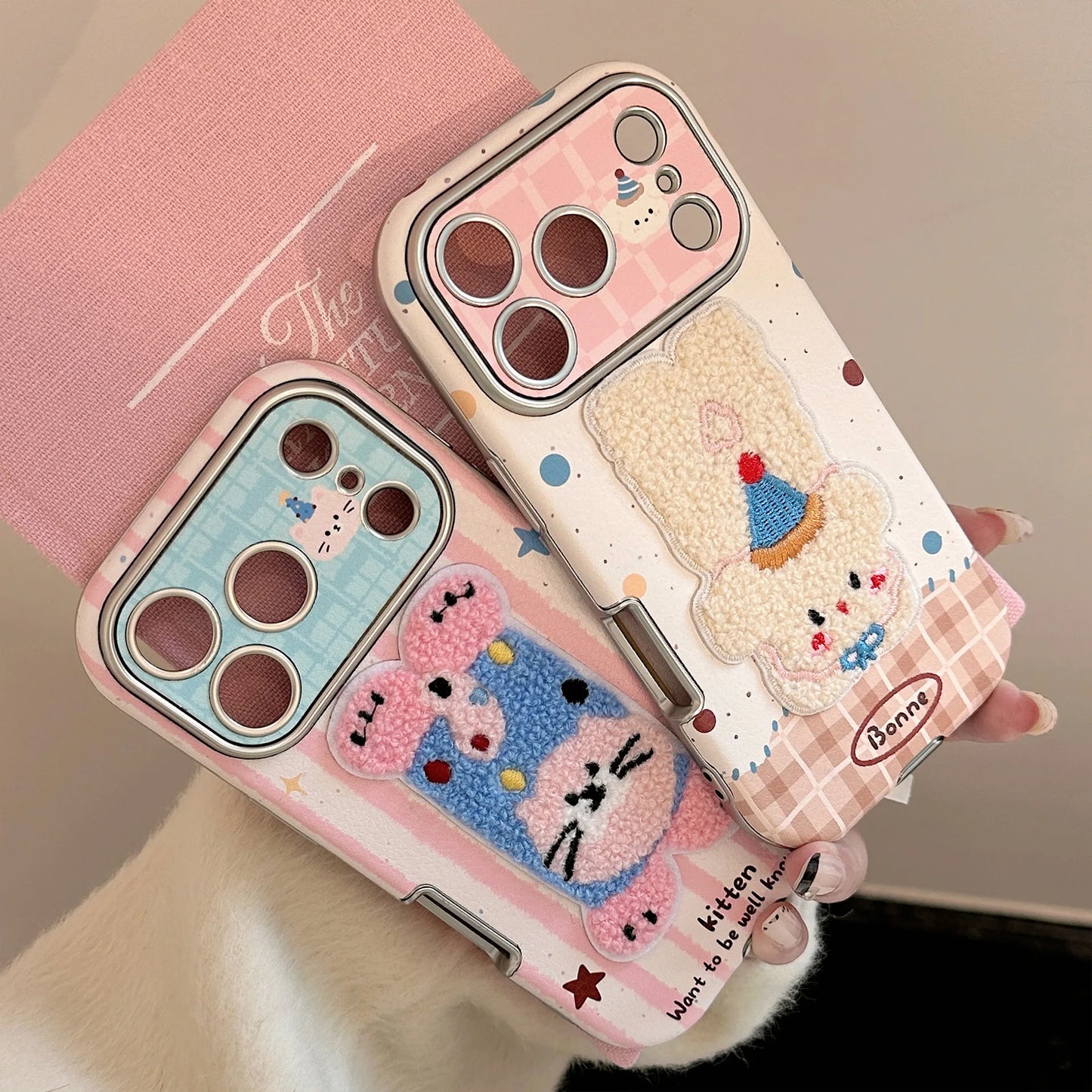 Korean Cartoon Embroidery Plush Animals Leather Texture Phone Case For iPhone