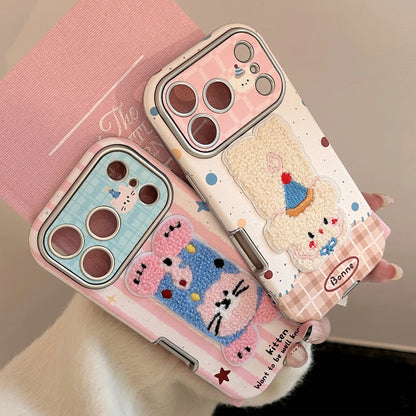 Korean Cartoon Embroidery Plush Animals Leather Texture Phone Case For iPhone