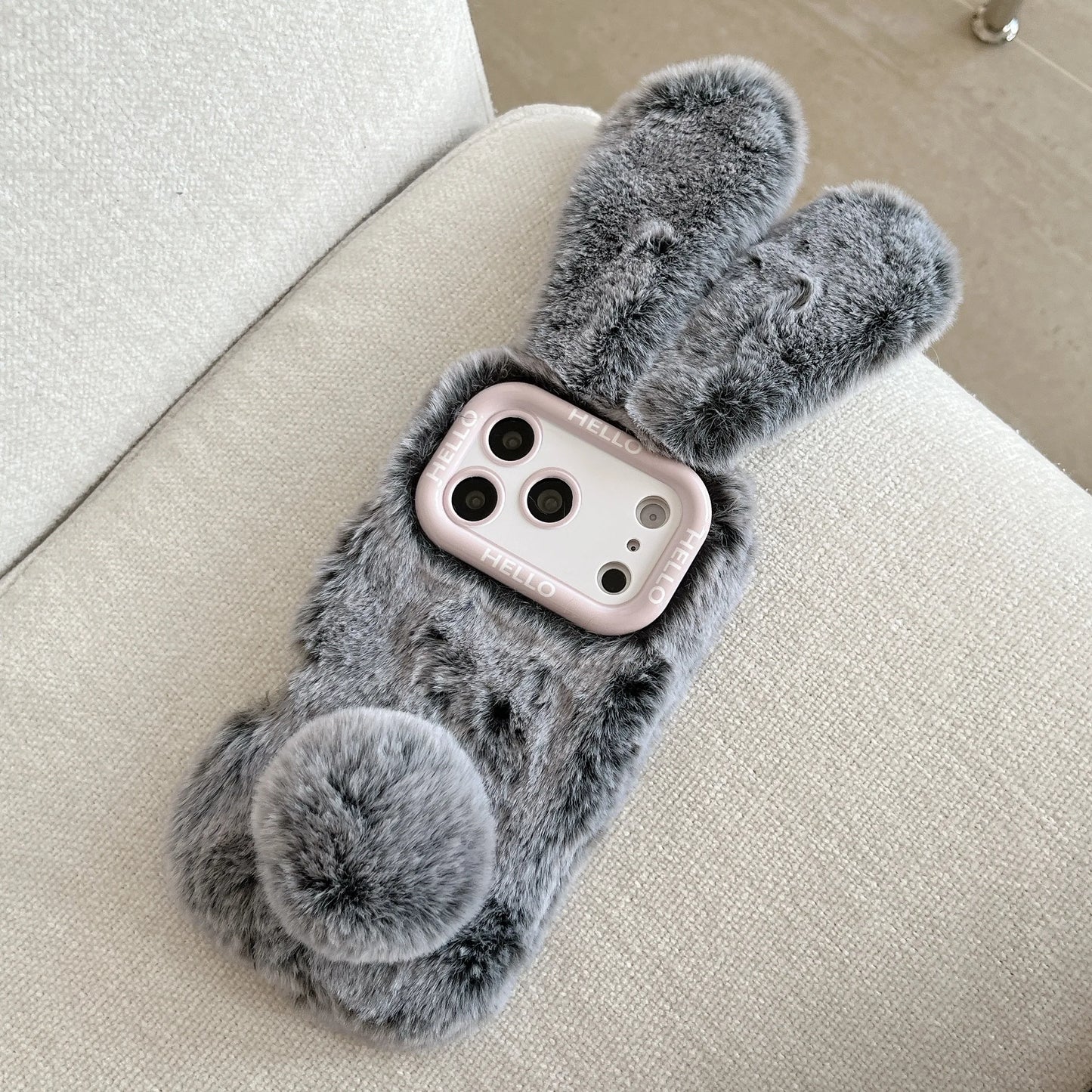 Adorable 3D Long-Eared Rabbit Shaped Plush Phone Case For iPhone