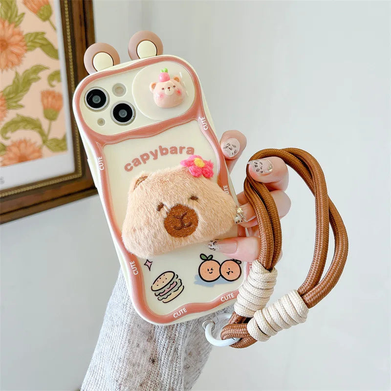 3D Cartoon Kapibala Sliding Push-Pull Camera Phone Case for iPhone