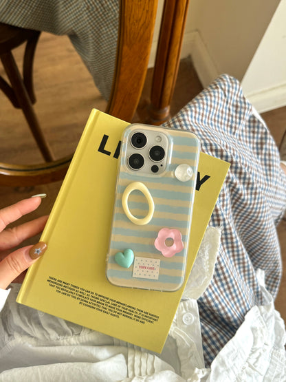 Adorable Blue Stripes 3D Pearl Heart & Flower Accessories Protective Phone Case