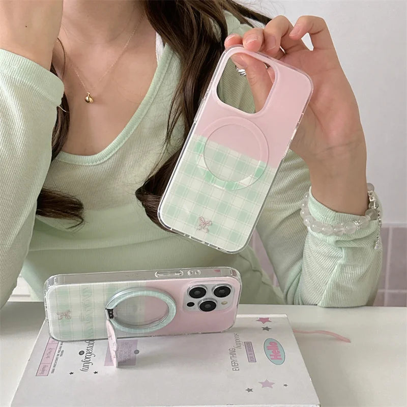 Fashion Pink Green Plaid Pattern Magnetic Phone Case
