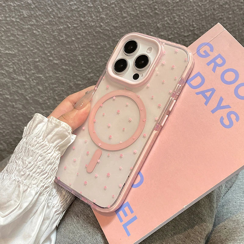 Pink Stars Magnetic Wireless Charge Clear Phone Case