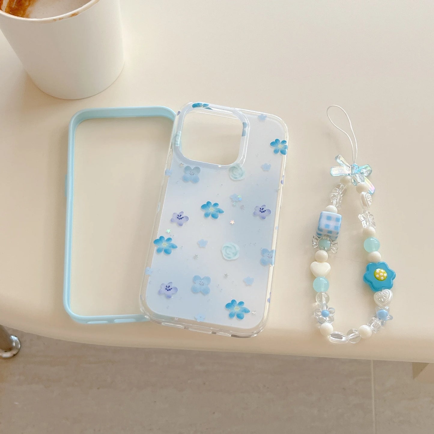 Sweet & Delicate Pastel Blue Floral Wrist Chain with 3D Flower Charms Phone Case