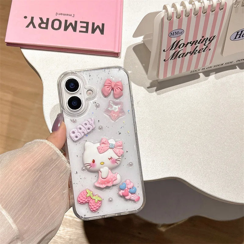 3D Cartoon Strawberry Hello Kitty Drop Glue Glitter Phone Case For iPhone
