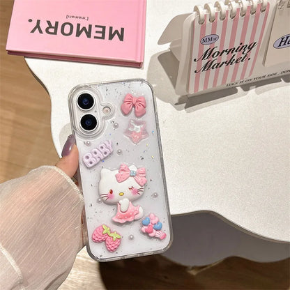 3D Cartoon Strawberry Hello Kitty Drop Glue Glitter Phone Case For iPhone
