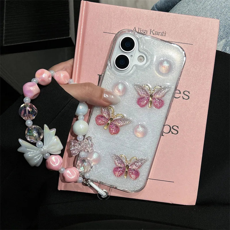 Korean 3D Pink Butterfly Pattern Glitter Drop Glue With Chain Phone Case For iPhone