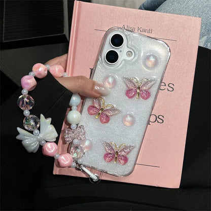 Korean 3D Pink Butterfly Pattern Glitter Drop Glue With Chain Phone Case For iPhone