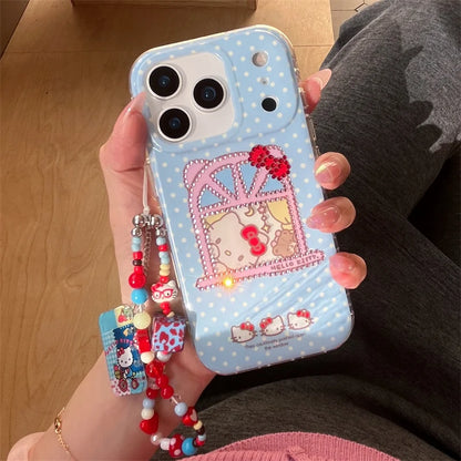 Korean Blue Polka Dot Cute Kitty Phone Case For iPhone