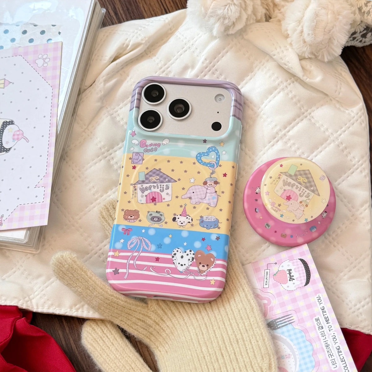 Korean Splicing Colorful Cartoon Elephant House Magnetic Bracket Phone Case For iPhone
