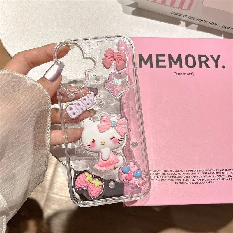 3D Cartoon Strawberry Hello Kitty Drop Glue Glitter Phone Case For iPhone