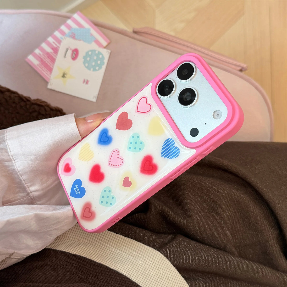 Korean Colorful Cartoon Love Heart Pattern Drop Glue Phone Case For iPhone