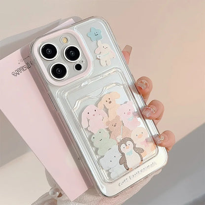Cute Cartoon Animals Transparent Card Slot Pocket Case For iPhone