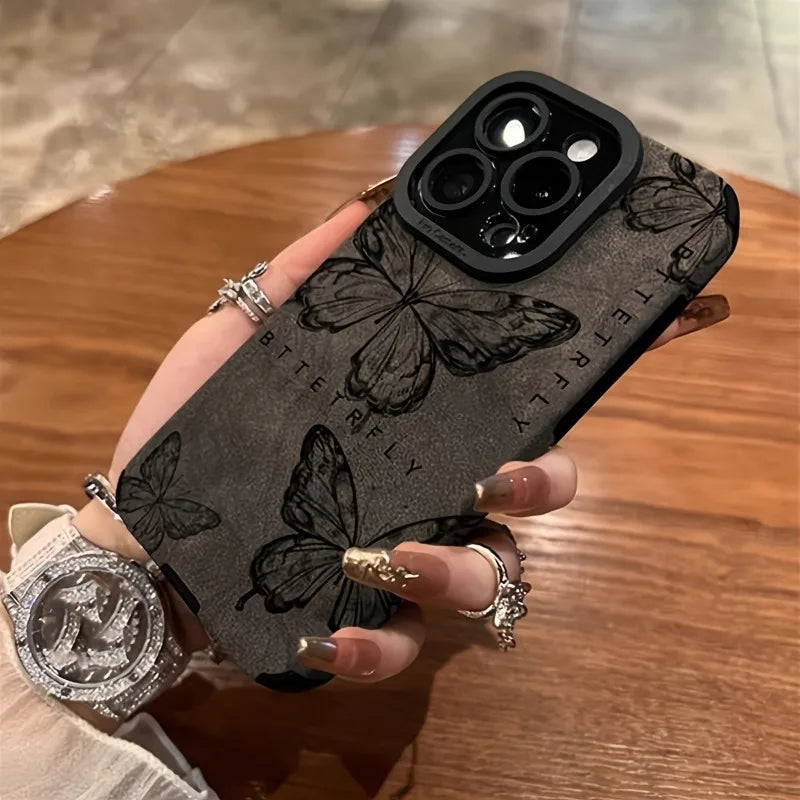 Retro Sketch Butterfly 3D Heart Lanyard Phone Case For iPhone