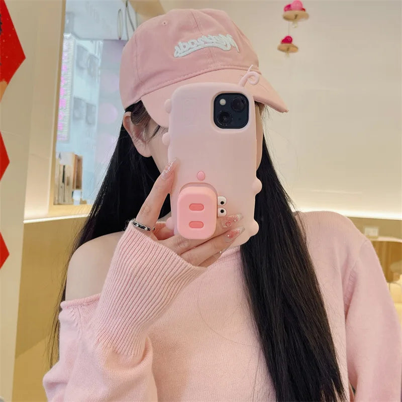 3D Cute Cartoon Pig Nose Telescopic Bracket Silicone Phone Case For iPhone