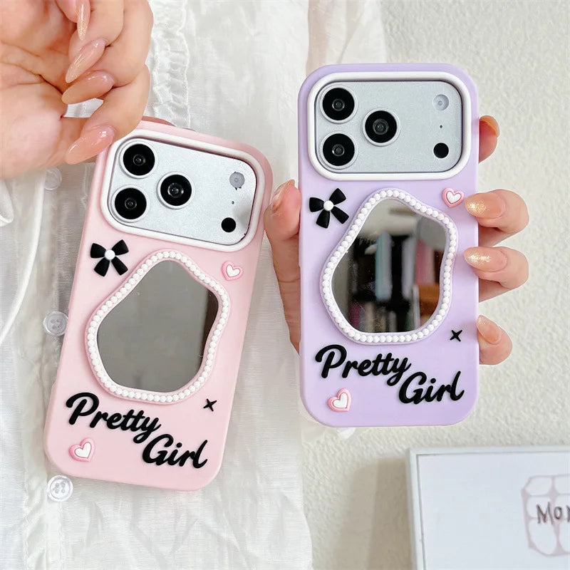 Luxury 3D Bowknot Love Heart irregular MakeUp Mirror Phone Case For iPhone