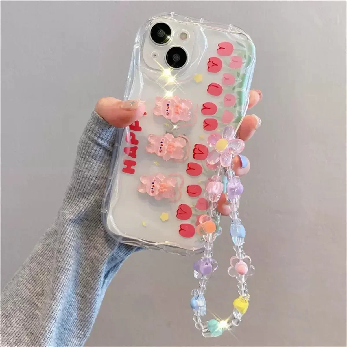 Korean 3D Bear Hang Phone Chain Lanyard Clear Soft Case For iPhone