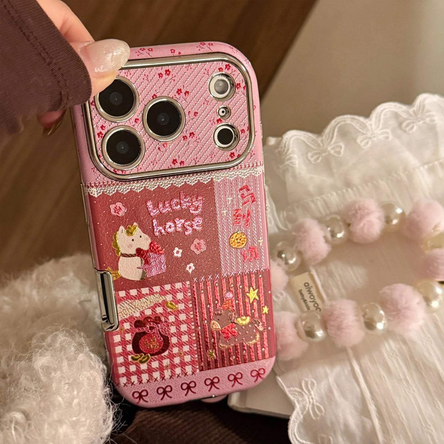 Korean Cartoon Horse Splicing Leather Texture Phone Case For iPhone