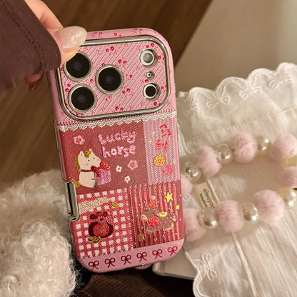 Korean Cartoon Horse Splicing Leather Texture Phone Case For iPhone