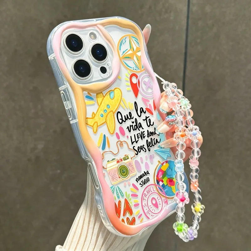 Cute Colorful Airplane Tourism Pattern Wavy-Edge Phone Case For iPhone
