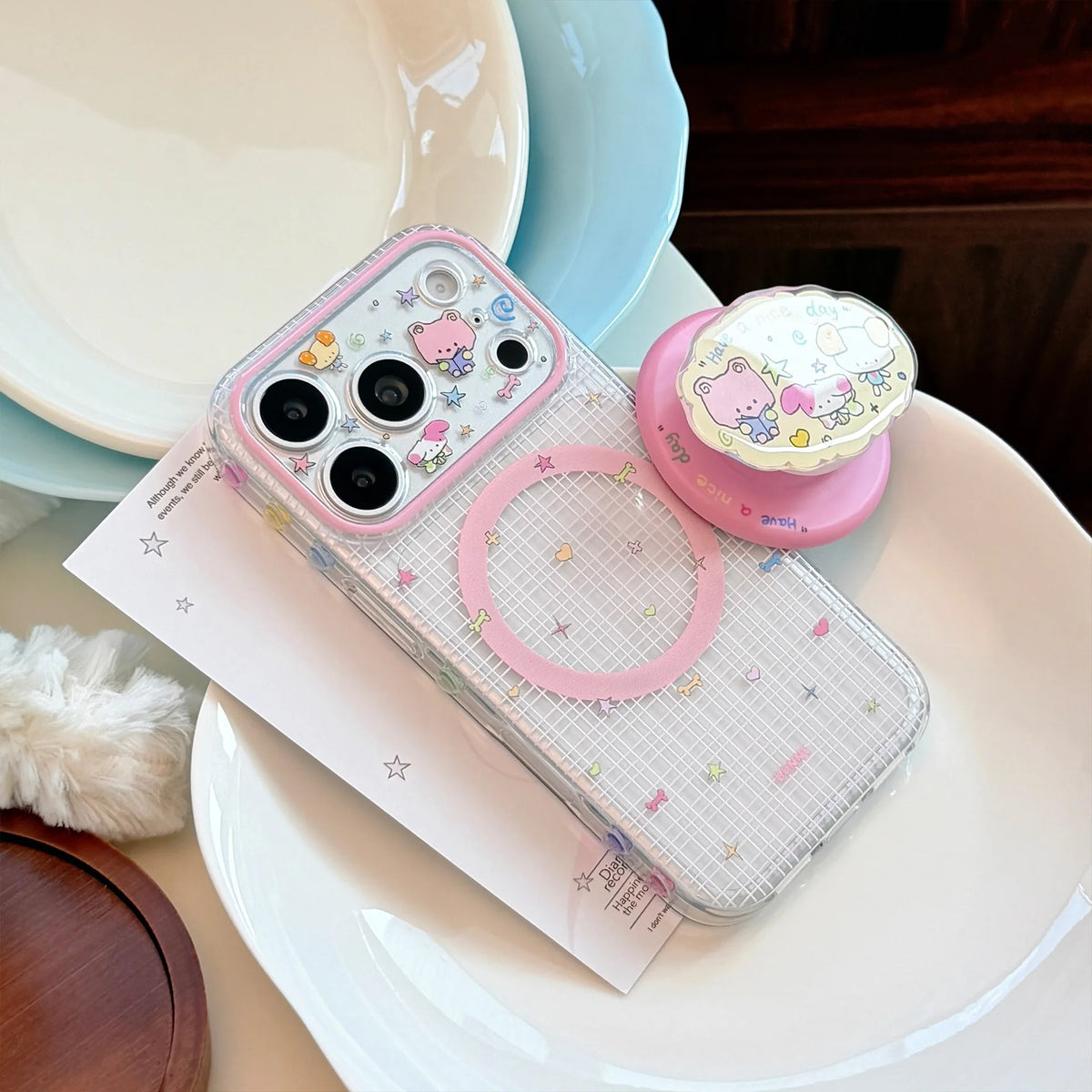 Korean Plaid Cartoon Animals Cloud Magnetic Bracket Phone Case For iPhone