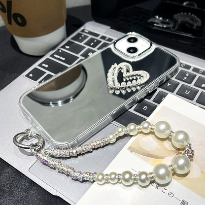 3D Love Heart Pearl Bracelets Chain Lanyard Phone Case For iPhone