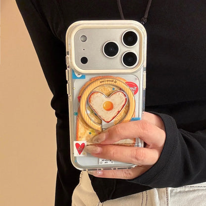 Korean Toast Pattern With Fried Egg Love Heart Bracket Magnetic Phone Case For iPhone