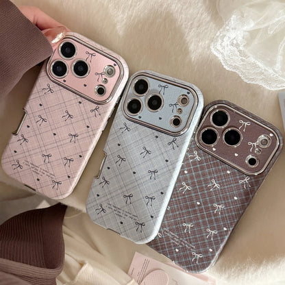 Korean Retro Plaid Grid Pattern Bowknot Leather Texture Phone Case For iPhone