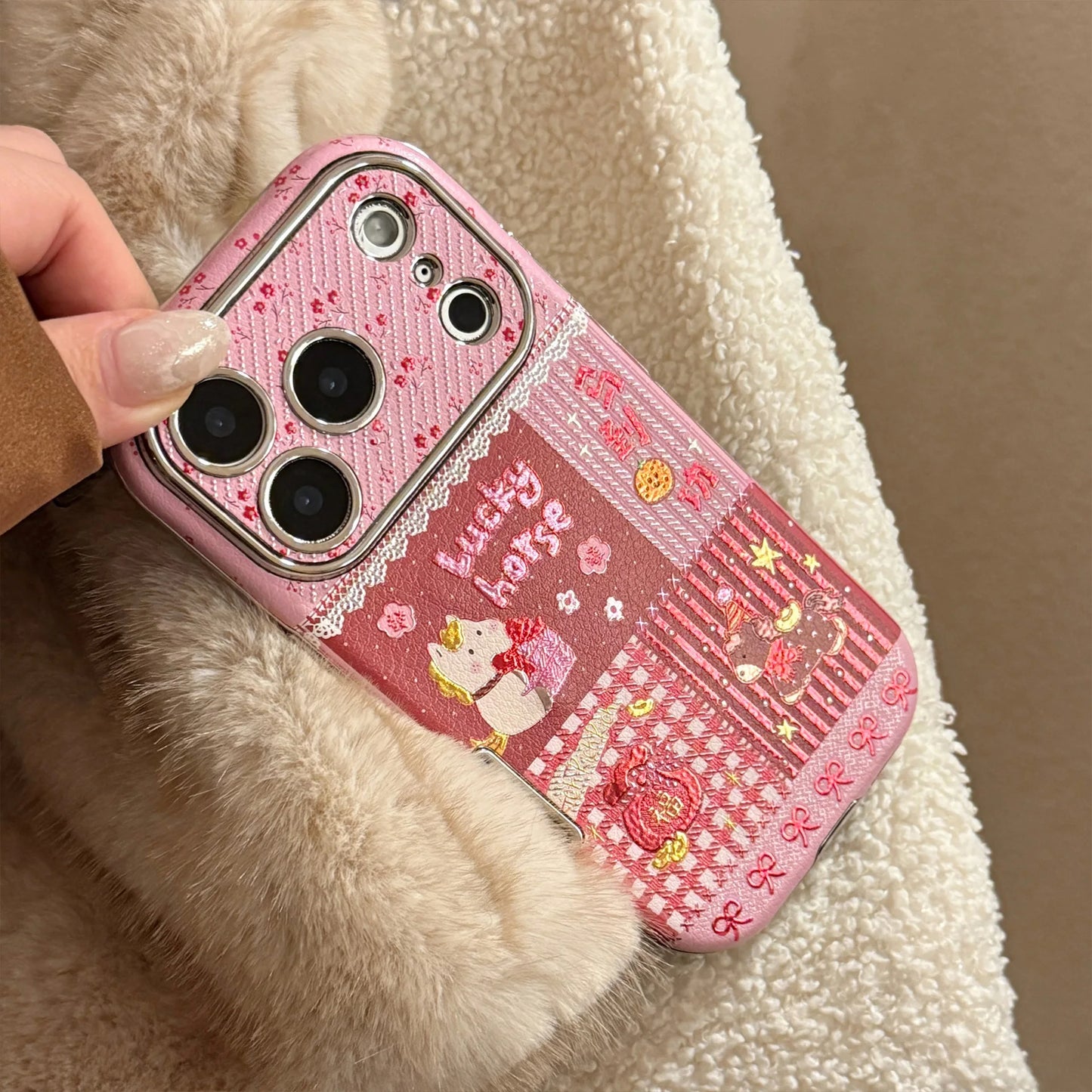 Korean Cartoon Horse Splicing Leather Texture Phone Case For iPhone