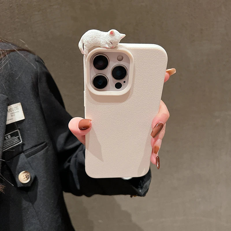Cute 3D Cartoon Lying Cat Lychee Pattern Leather Phone Case For iPhone