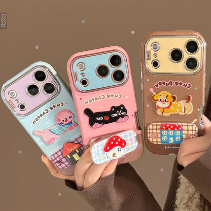 Korean Cartoon Embroidery Kitten Leather Texture Fold Mirror Phone Case For iPhone