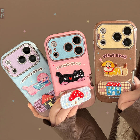 Korean Cartoon Embroidery Kitten Leather Texture Fold Mirror Phone Case For iPhone