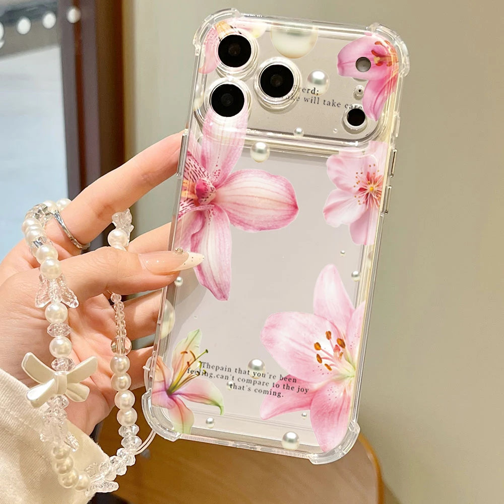 Pink Lily Flower Pattern Transparent Phone Case For iPhone