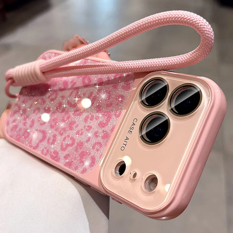 Glitter Leopard Print Wrist Strap Case  For iPhone