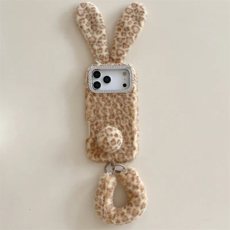 Cute Cartoon Leopard Print Rabbit Ears Furry Plush Phone Case For iPhone