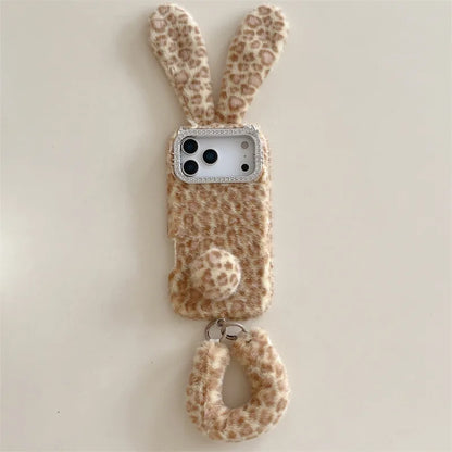 Cute Cartoon Leopard Print Rabbit Ears Furry Plush Phone Case For iPhone