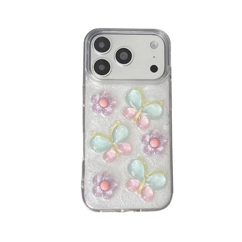 Korean 3D Colorful Flowers Butterfly Glitter Drop Glue With Chain Phone Case For iPhone