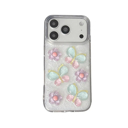 Korean 3D Colorful Flowers Butterfly Glitter Drop Glue With Chain Phone Case For iPhone