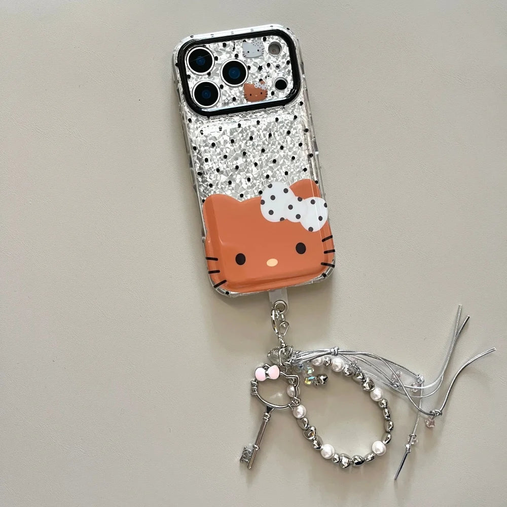 Black Polka Dot Hello Kitty Phone Case With Lanyard Shockproof Large Window Lens Protective Cover For iPhone