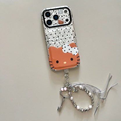 Black Polka Dot Hello Kitty Phone Case With Lanyard Shockproof Large Window Lens Protective Cover For iPhone