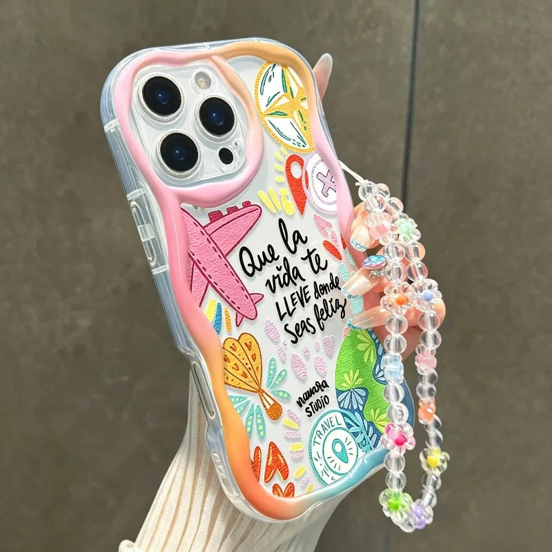 Cute Colorful Airplane Tourism Pattern Wavy-Edge Phone Case For iPhone